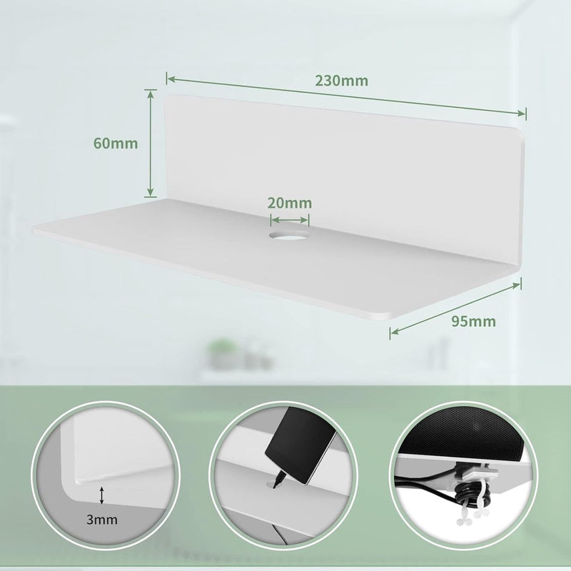 2 stuks wandrek, wit acryl, 23 x 9,5 cm, zwevende wandplanken, zwevend rek, zonder boren, met 4 kabelclips, displayplank muur, mini-rek voor kantoor, badkamer, keuken, slaapkamer