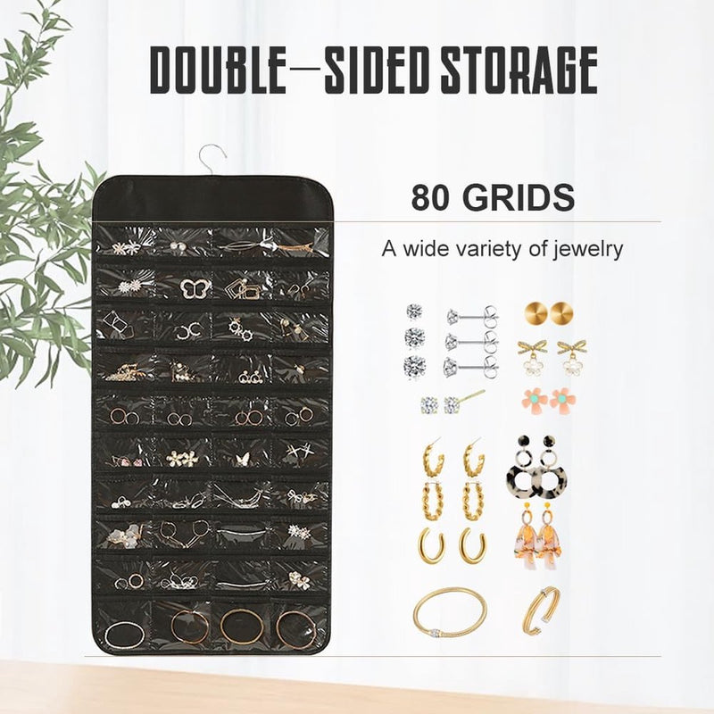 Sieradenorganizer voor het ophangen van sieradenopslag Hangende sieradenorganizer Hangende opbergrol met hanger Sieradenorganizer Tas Reistas voor ringen Oorbellen Kettingen Zwart