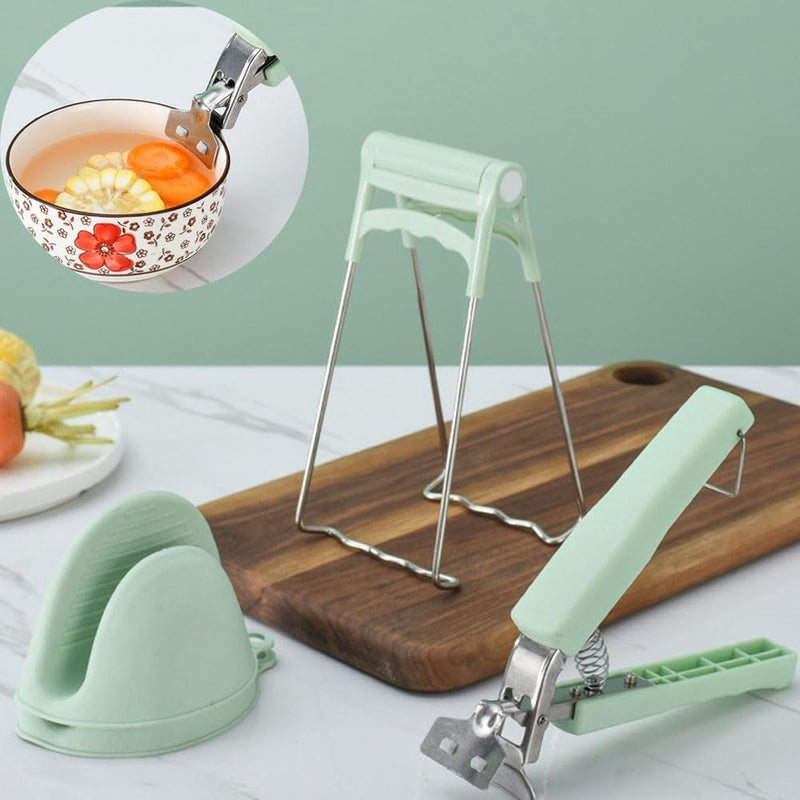 Set van 3 komclips, komgrijper, hete schotelplaat, komclip, roestvrijstalen komclip met antislip siliconenhandvat voor het optillen, hete kommen, kompot (Nordic Green)