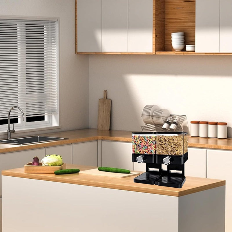 Double Cereal dispenser, vierkante keramische dispenser, versnippert geen granen bij het uitgeven, luchtdicht gesloten, transparant, voor muesli/diervoer/snoep