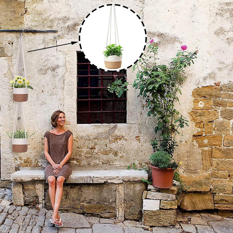 Hangende bloempotten, 20 cm, zeegras, plantenpot, hangende plantenmand, natuurlijk katoen, handgeweven bloemenhanger, plantenhanger met lang hangend touw voor binnen en buiten (groot)