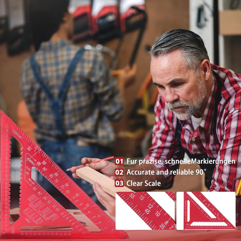 Timmermanshoek, aanslaghoek, metaal, 30 mm, timmerhoek, 90° kamerhoek, timmerhoek, metrische driehoekige liniaal voor timmerman, dakdekker, ingenieur (rood)