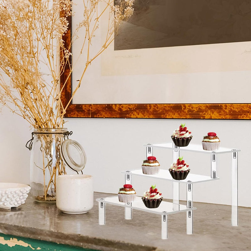 Acryl displaystandaard, 3 niveaus, transparant acryl riser display, rek, standaard, acryl organizer, standaard voor poppen, cosmetica, dessertdisplay, 30 x 20 x 15 cm (3-traps transparant