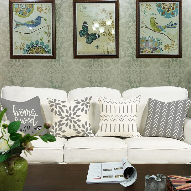 Kussenhoes 40x40 set van 4 linnen decoratieve kussenhoezen buitenkussen bankkussen voor slaapbank slaapkamer tuinbed 40x40cm grijze print