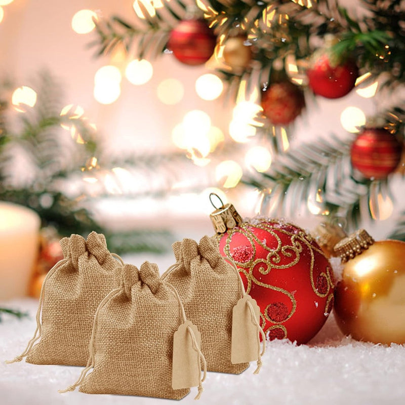 30 stuks kleine jutezakjes met trekkoord, 9 x 12 cm, herbruikbare linnen zakjes, geschenkzakjes, kleine jutezakjes voor sieraden, bruiloft, feest, Kerstmis (geelbruin)