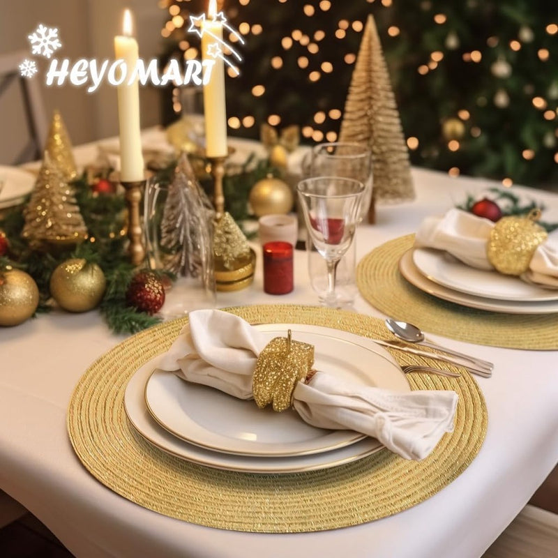 Set van 6 ronde gevlochten placemats, afwasbaar, goud, rond, wasbaar, hittebestendig, voor Kerstmis, bruiloft, feest, keuken, decoratie, 38 cm