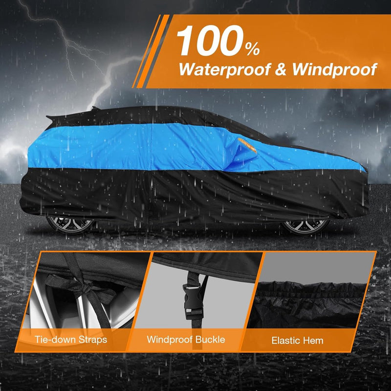 Universele autoafdekking, waterdicht, ademend, volledige garage, autozeil tegen regen, zon, stofbescherming, compatibel met Golf, Astra, Leon, Focus. Afdekzeil voor hatchback (415 tot 450 cm)