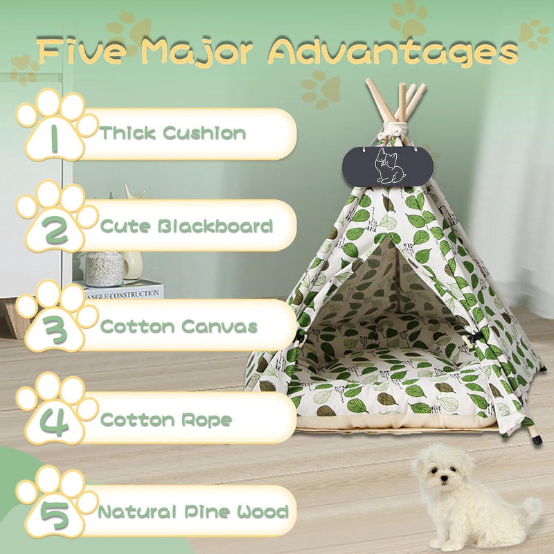 Tipi tent voor huisdieren, kattentent van katoenen linnen, hondentent, afneembaar en wasbaar, huisdierentent met kussen, huisdiertent, wegklappen, meubels, 60 x 60 x 70 cm
