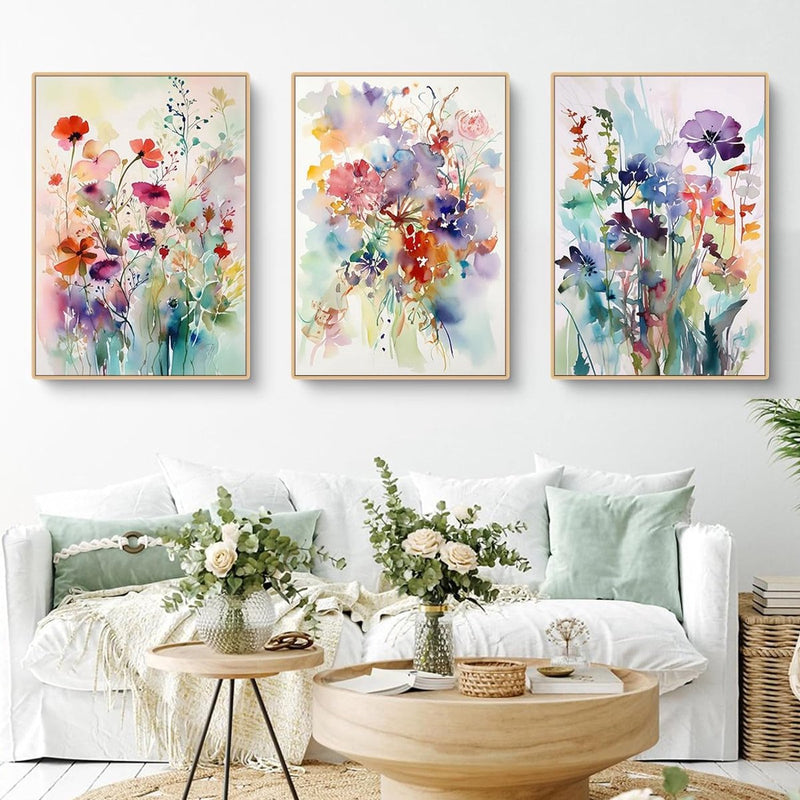 Woonkamerfoto's, set van 3, kleurrijke bloemenposters, slaapkamermuurfoto's, stijlvolle esthetische decoratieve canvasfoto's, zonder lijst, wanddecoratieposter (50 x 70 cm)