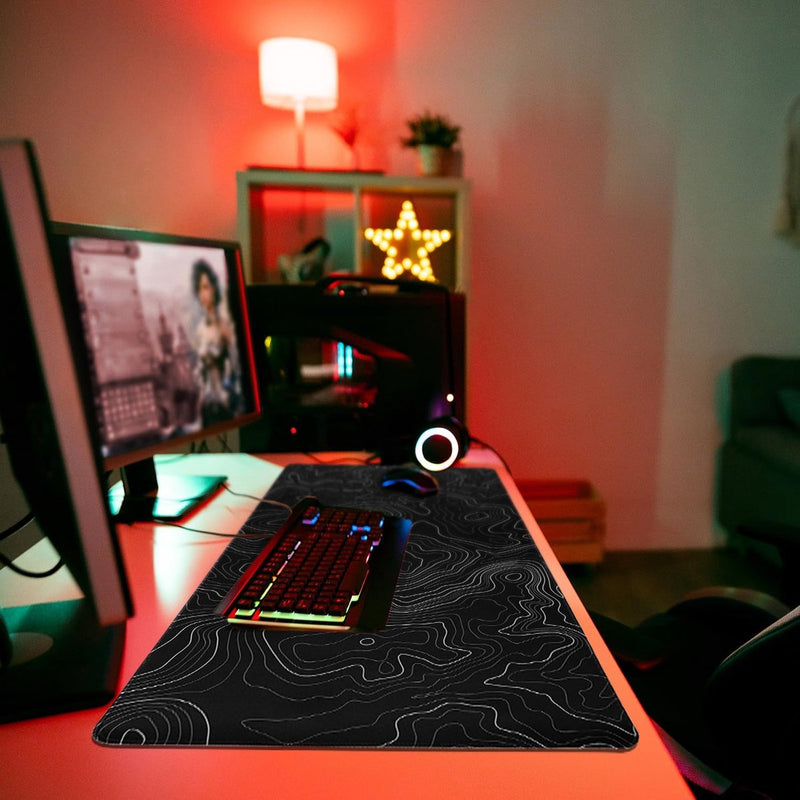 Muismat Zwart Minimalistisch Topografische Kaarten Bureau-onderlegger, wasbare muismat XXL Gaming met gestikte randen voor toetsenbord, pc-muis en laptop 800x350mm