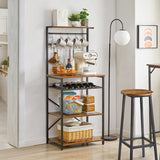Keukenrek met 5 planken, bakkersrek, staand rek, magnetronrek met verstelbare wijnhouders en S-haken, multifunctionele organizer, voor magnetron, kookgerei, bruin-zwart