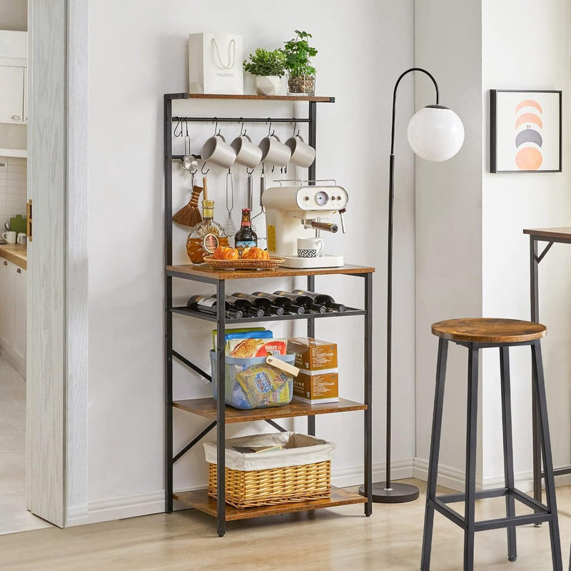 Keukenrek met 5 planken, bakkersrek, staand rek, magnetronrek met verstelbare wijnhouders en S-haken, multifunctionele organizer, voor magnetron, kookgerei, bruin-zwart