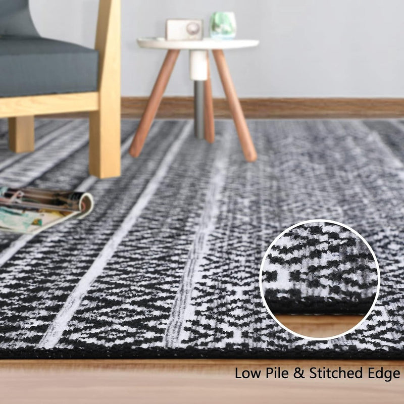 Vloerkleed voor binnen en buiten, rond, lage pool, machinewasbaar, water- en vlekafstotend tapijt voor woonkamer, slaapkamer, eetkamer, thuiskantoor, 120 cm, zwart