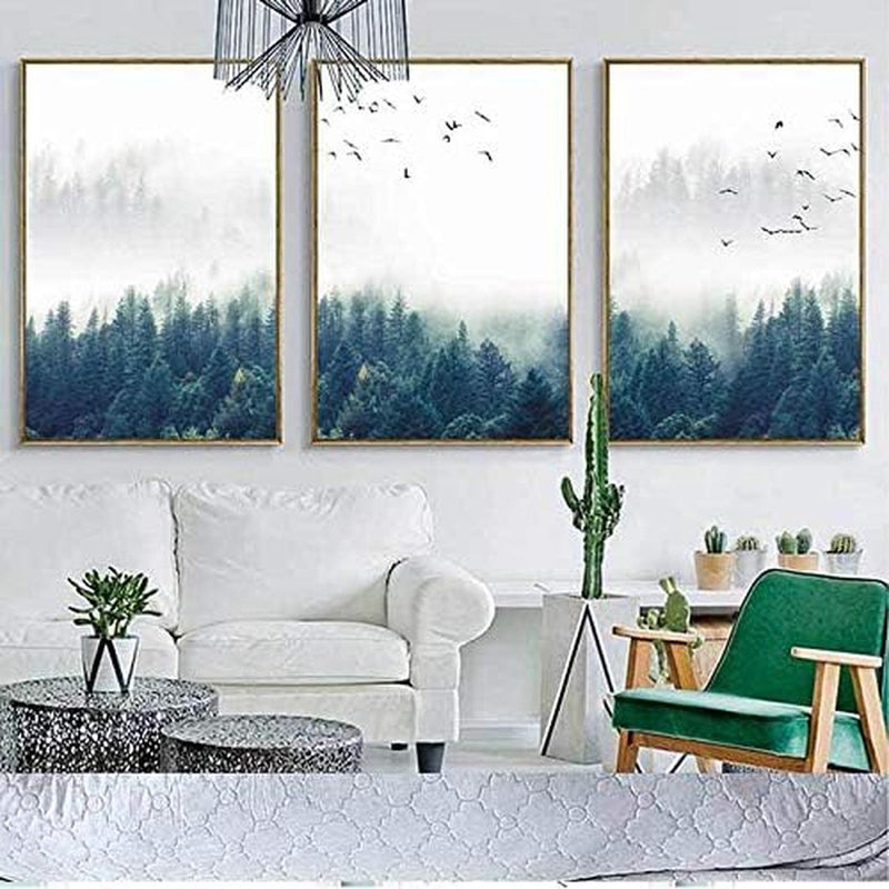 Designposters, 3-delig, bos en vogels in de mist, zonder lijst, decoratie