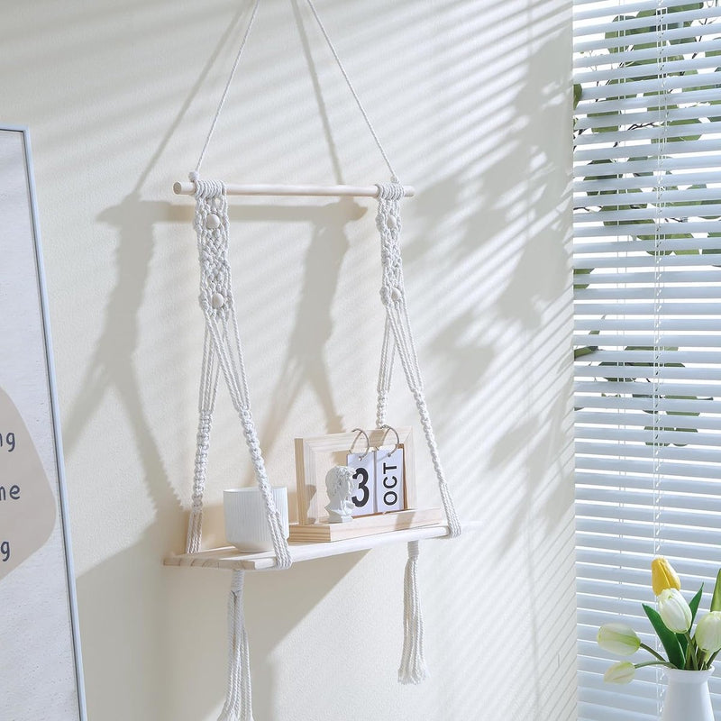 Wandplank Houten Boheemse Wandplank Handgemaakte Macrame Wanddecoratie met LED-verlichting Geschikt voor Woonkamer Wanddecoratie Kamerdecoratie