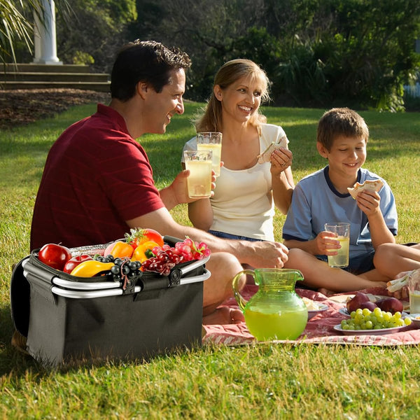 Picknickmand, 18,5 l, opvouwbare boodschappenmand, opvouwbare picknickmand met isolatie, antislip draagbare aluminium handgreep, boodschappenmand voor werk, reizen, winkelen, picknick