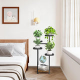 Plantenstandaard met 5 etages, hout, metaal, voor binnen en buiten, hoek bloemenstandaard, plantenrek voor meerdere planten, modern bloemenrek voor terras, tuin, balkon, woonkamer (zwart)
