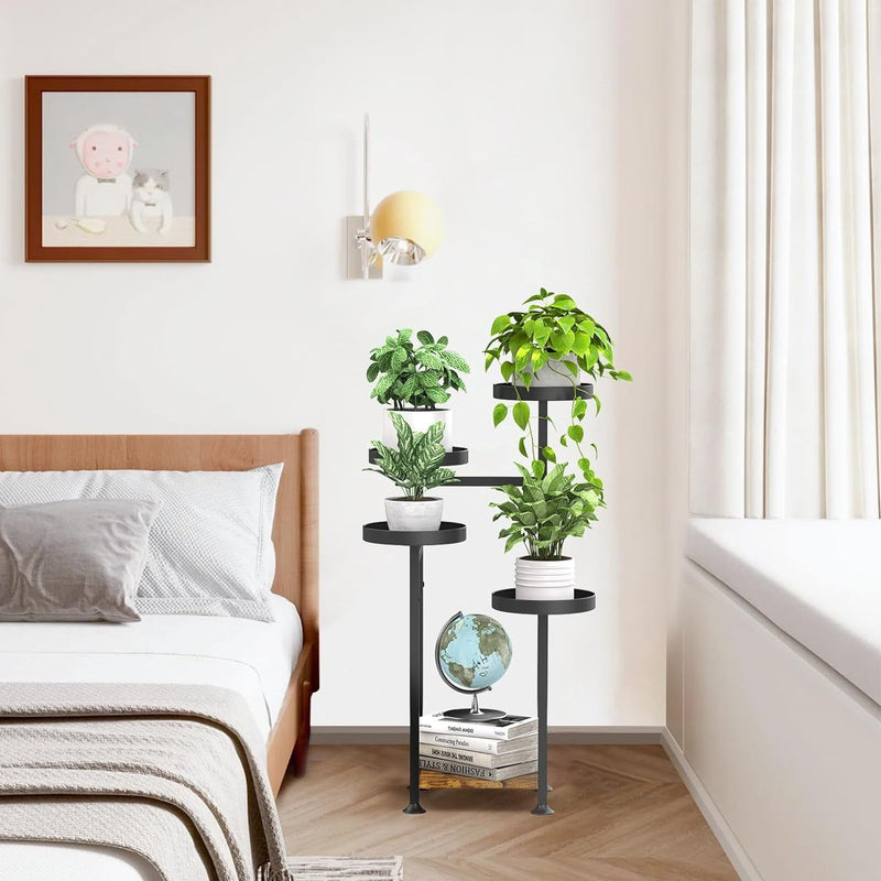Plantenstandaard met 5 etages, hout, metaal, voor binnen en buiten, hoek bloemenstandaard, plantenrek voor meerdere planten, modern bloemenrek voor terras, tuin, balkon, woonkamer (zwart)