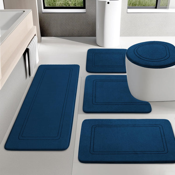 Badkamertapijtset, badkamertapijt, antislip, wasbare badkamertapijtset, 5-delig, zachte badmat van traagschuim en U-vormig toilettapijt, marineblauw