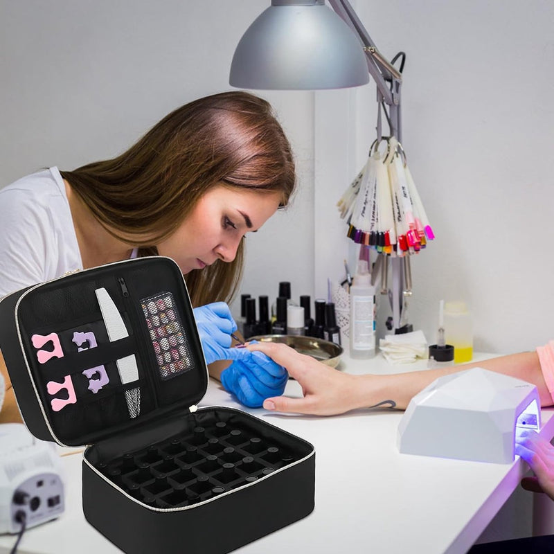 Nagellak opbergtas groot, draagbare draagtas voor nagellak en UV-lamp, dubbellaagse nagellaktasorganisator, multifunctionele make-uptas, zwart, zwart, eenvoudig