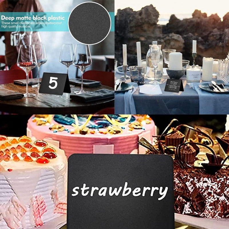 Mini-krijtbordset, kleine leisteen voor etikettering, kunststof buffetborden, krijtbord mini-tafelbladborden, voor prijskaartjes, bruiloft, feest, catering (zwart)