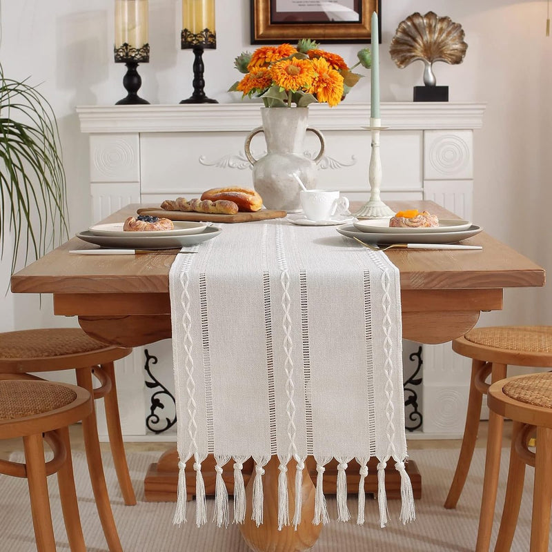 Tafelloper Boho Tafelloper, landelijke stijl, met handgemaakte kwastjes, tafelkleed voor boerderij, tafeldecoratie, 200 x 32 cm