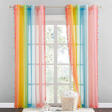Kinderkamergordijnen transparant ringgordijnen set van 2 H 220 x B 132 cm linnenlook gordijnen met kleurverloop en kleurrijke pompons regenbooggordijn linnenlook transparant