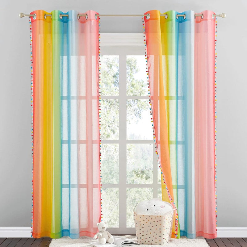 Kinderkamergordijnen transparant ringgordijnen set van 2 H 220 x B 132 cm linnenlook gordijnen met kleurverloop en kleurrijke pompons regenbooggordijn linnenlook transparant