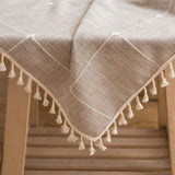 Tafelkleed katoen, 240 x 140 cm, linnen, beige, afwasbaar, rechthoekig, tafelkleed met kwastjes, voor thuis, keuken, eettafel, decoratie
