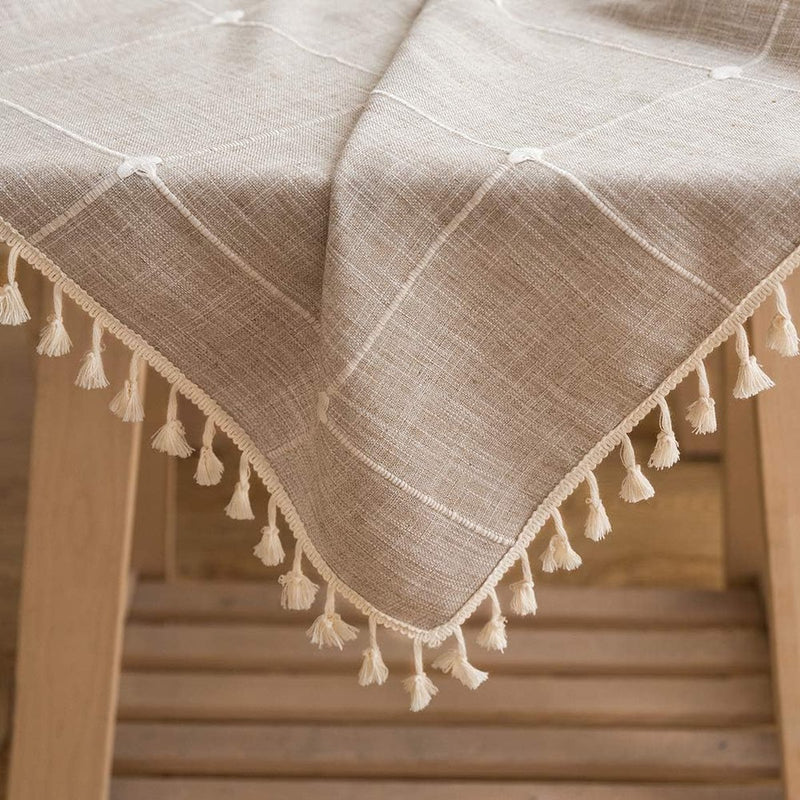 Tafelkleed katoen, 240 x 140 cm, linnen, beige, afwasbaar, rechthoekig, tafelkleed met kwastjes, voor thuis, keuken, eettafel, decoratie