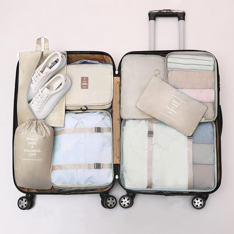 8-delige kledingtassenset, verpakkingsblokjes, compressieverpakkingszakken voor rugzak en koffer, bagage-organizer, kofferorganisator, reiskledingzakken voor kleding, schoenen, ondergoed, cosmetica, kaki
