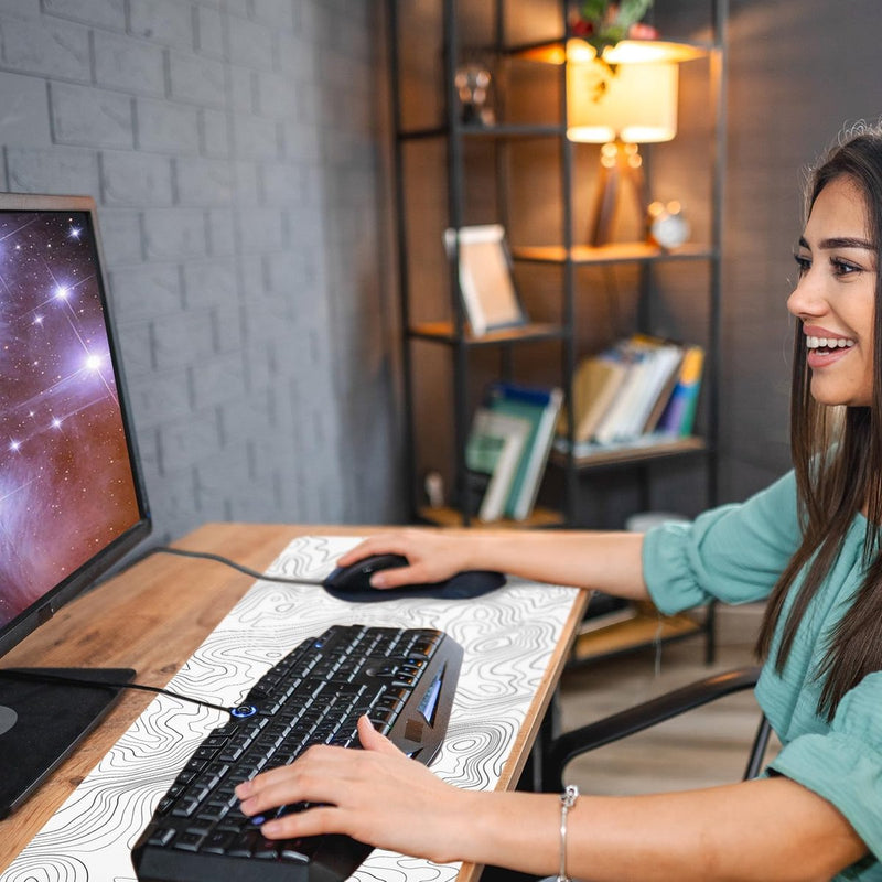 Muismat voor gaming, XXL, wit, minimalistische topografische kaarten, bureauonderlegger, muismat met rubberen antislip, verbeterde precisie en snelheid, muismat voor kantoor, thuis, 800 x 350 mm