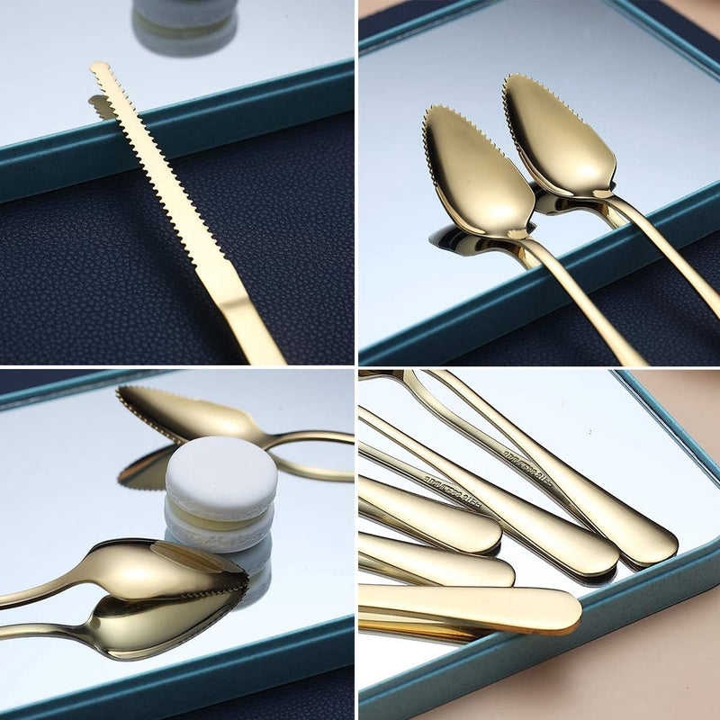 Gold Grapefruit Spoon Set of 5, 4 Stainless Steel Grapefruit Spoons and 1 Titanium Coated Grapefruit Knife, Grapefruit Utensil Set, Serrated Edge Spoons Pack of 5 (Gold)