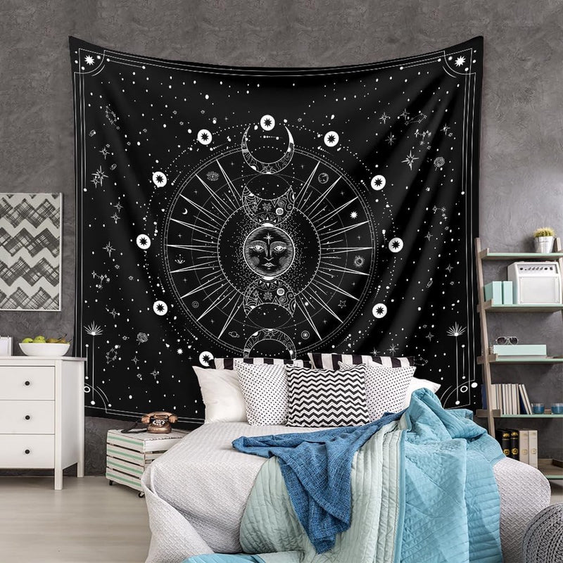 Wandtapijt maanfasen wanddoek zwart wandtapijt maan wanddecoratie psychedelisch tapijt gothic wandtapijten wandtapijt trippy wanddoek muur opknoping muur deco 180x230cm