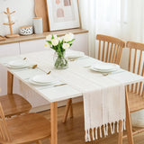 Tafelloper, beige boho polyester geurloze tafelloper, landelijke tafelloper met kwastjes 228 x 32 cm – beige crème