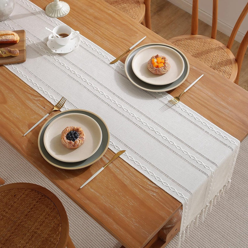 Tafelloper Boho Tafelloper, landelijke stijl, met handgemaakte kwastjes, tafelkleed voor boerderij, tafeldecoratie, 200 x 32 cm