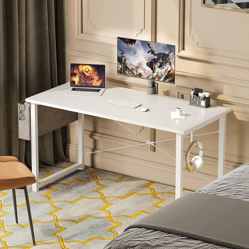 Bureau, wit, 120 x 50 x 74 cm, computertafel met koptelefoonhouder en opbergtas, klein bureau, werkkamer, hout, pc-tafel, kantoortafel voor thuis, kantoor