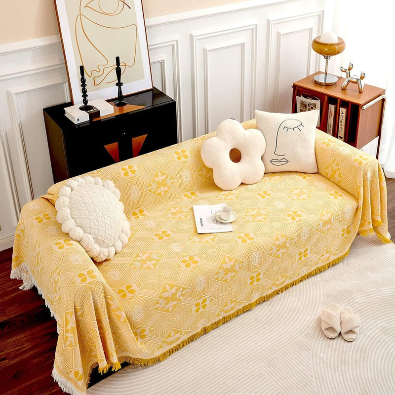 Bankdeken voor 2-zitsbank met decoratieve kwastjes, dubbelzijdige bankhoes banksprei voor bank en bed, ruitpatroon met bladeren en bloemen - geel, 180 x 230 cm