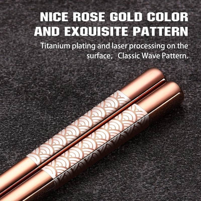 Metalen eetstokjes herbruikbaar 2 paar titanium roestvrijstalen eetstokjes met houder, vaatwasmachinebestendig, lichte eetstokjes in Japanse stijl, cadeauset (roségoud)