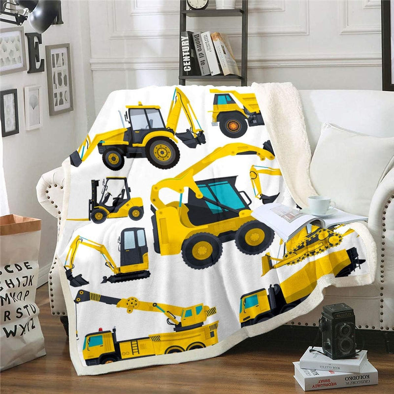 Kindergraafmachine pluche dekbed, vrachtwagentractor, sherpa-deken, 130 x 150 cm, voor kinderen, jongens, meisjes, tieners, bouwvoertuig, fleece, flanel, uitrusting, auto, kraan, gooideken