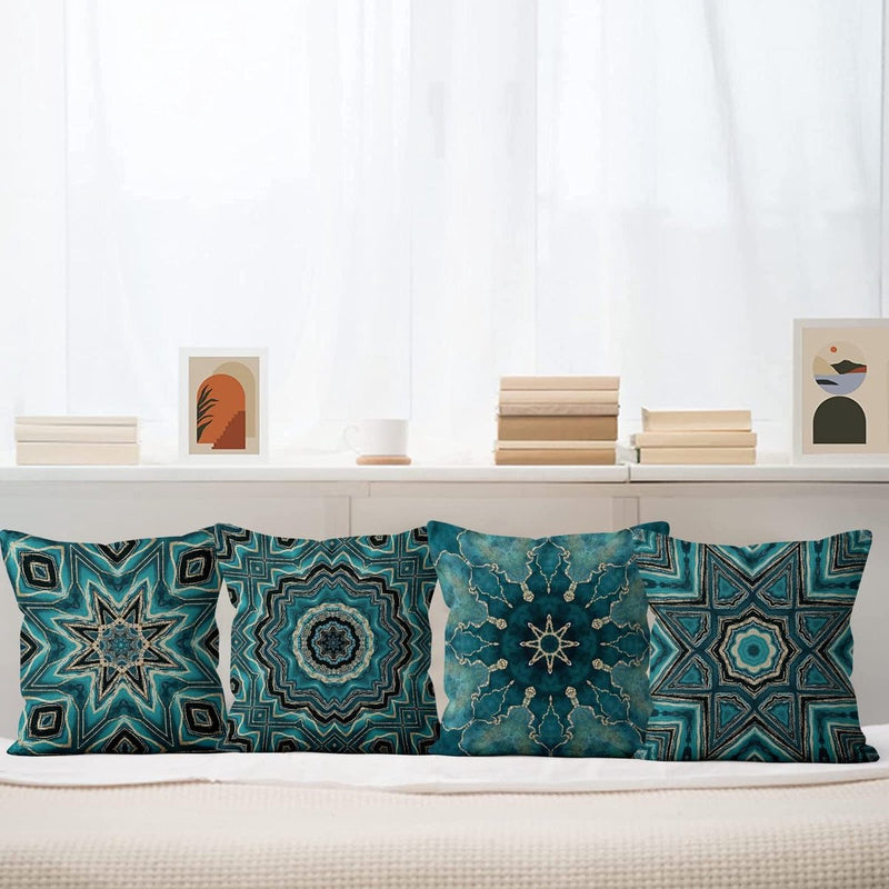 Boho Cushion Cover, 50 x 50 cm, Set of 4, Retro Geometric Pattern, Blue Gold Sofa Decorative Cushion Covers, Washable Polyester Flax Textile, Outdoor Upholstery Pillowcase Cushion Cover