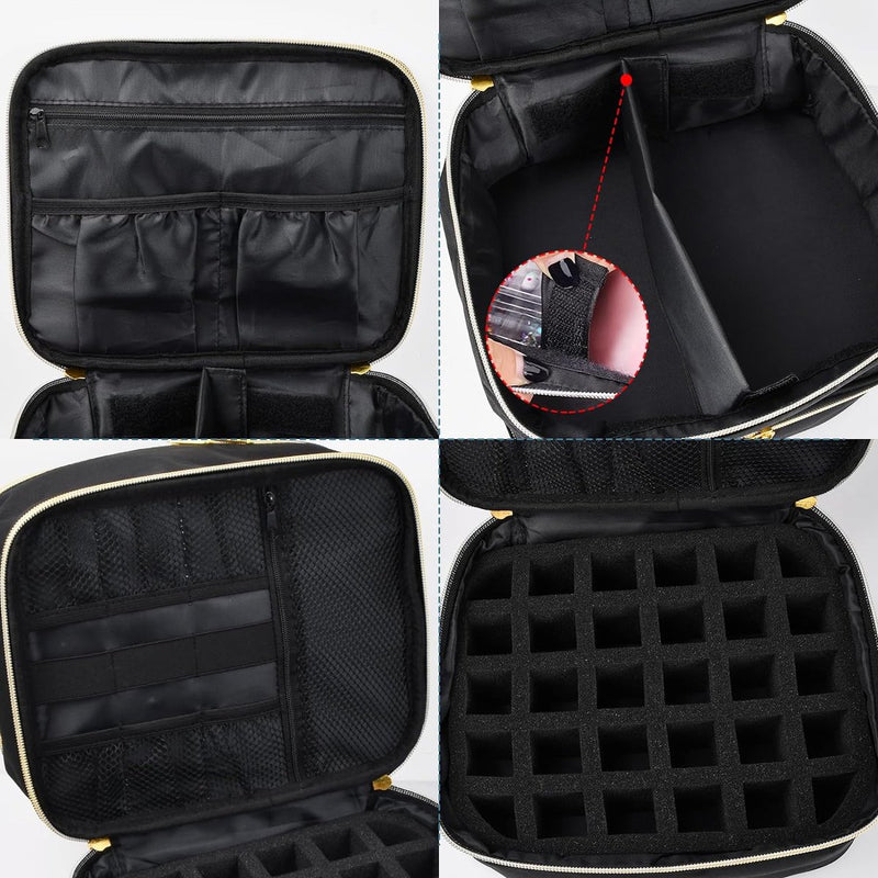 Nagellak opbergtas groot, draagbare draagtas voor nagellak en UV-lamp, dubbellaagse nagellaktasorganisator, multifunctionele make-uptas, zwart, zwart, eenvoudig
