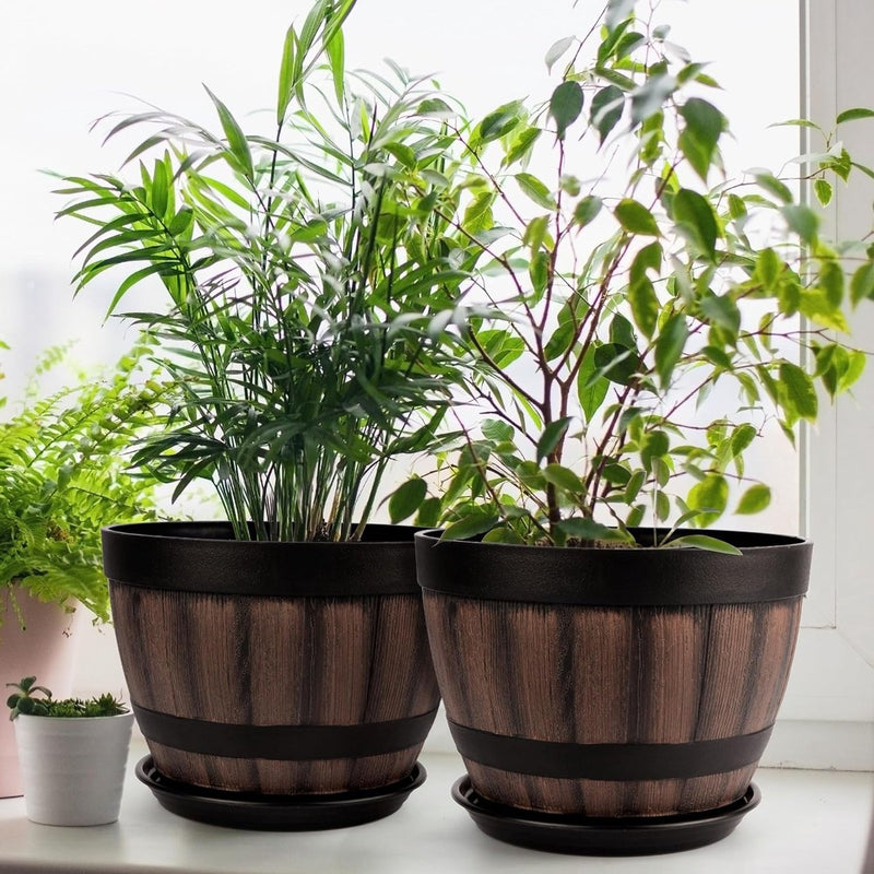 Set van 2 bloempotten van kunststof, voor binnen en buiten, diameter 22,5 cm, plantenpotset met drainagegaten en schoteltjes, plantenpot in houtlook