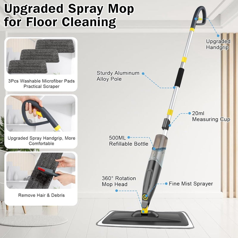 Vloerwisser met sproeifunctie, 500 ml navulbare watertank, sproeiwisser voor snelle reiniging met 3 wasbare microvezelhoezen, grijs sproeimop