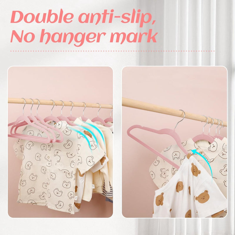 Kinderkleerhangers van fluweel, 35 cm, 32 stuks, kleerhangers met gekerfd design, ultradun, ruimtebesparend, 360 graden draaibare haken, antislip en duurzame kinderhangers voor peuters, roze