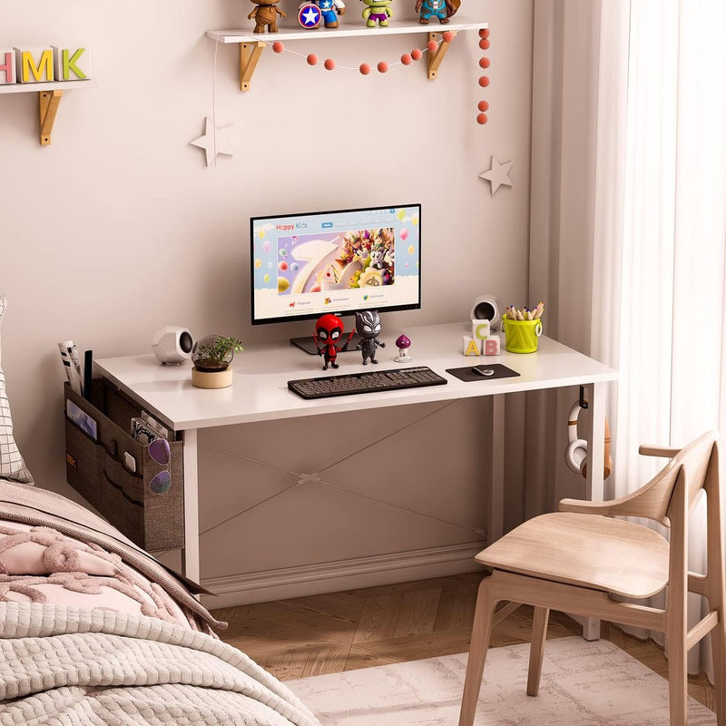 Bureau, wit, 120 x 50 x 74 cm, computertafel met koptelefoonhouder en opbergtas, klein bureau, werkkamer, hout, pc-tafel, kantoortafel voor thuis, kantoor