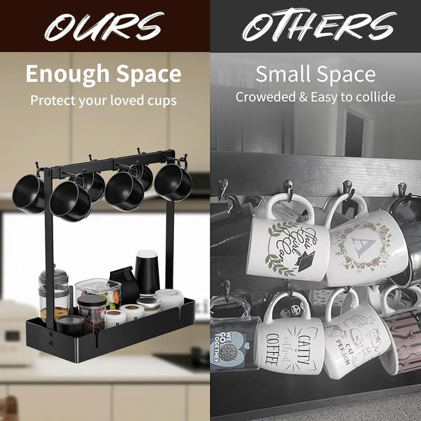 Mobile Coffee Cup Holder Black Metal with Hooks, Countertop Cup Stand with Storage Base, 1 Tier Counter Cup Display, Storage Organiser for Kitchen, Tea, Coffee, Bar