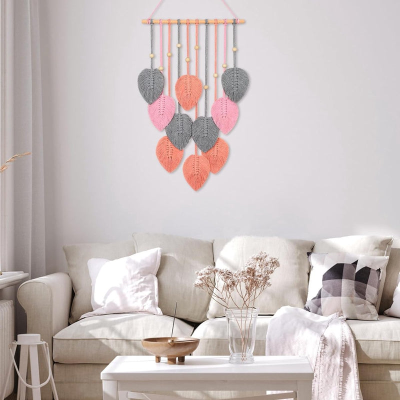 Macramé wandtapijt, boho-decoratie, macramé, wandtapijt met houten kralen en roze bladeren, wandtapijt voor slaapkamer, kinderkamer, wanddecoratie (roze)