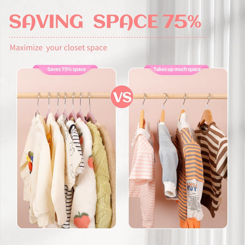 Kinderkleerhangers van fluweel, 35 cm, 32 stuks, kleerhangers met gekerfd design, ultradun, ruimtebesparend, 360 graden draaibare haken, antislip en duurzame kinderhangers voor peuters, roze