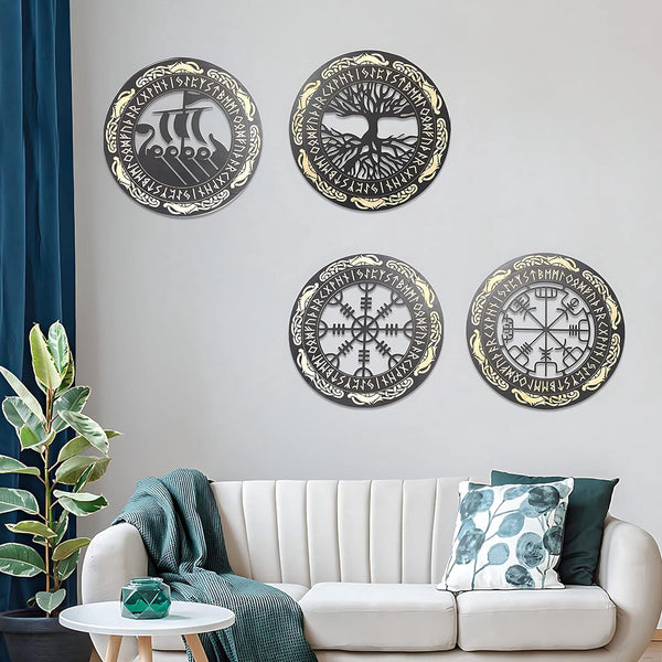 Vikingdecoratie Scandinavische mythologie runen kompas levensboom wanddecoratie hout woonkamer woning home wanddecoratie, geel, 4 stuks